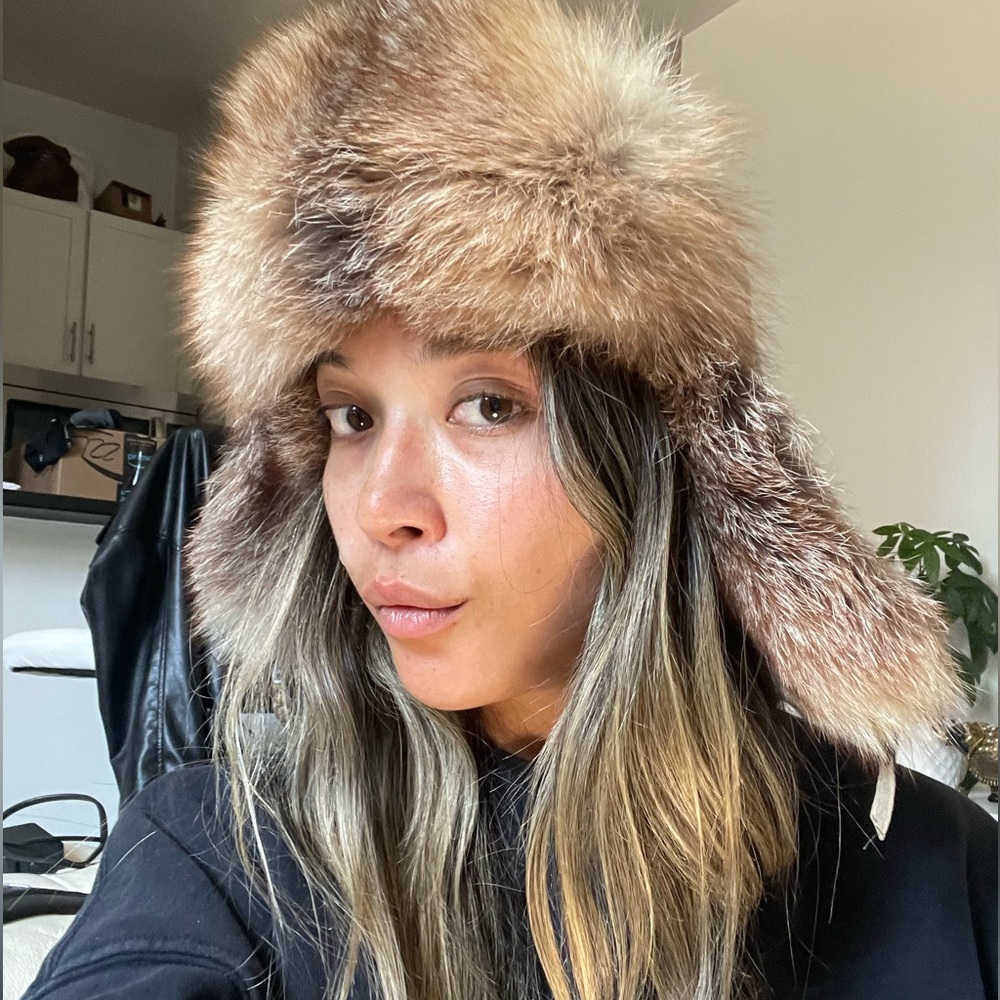 Hand made winter hat with suede and fox fur
